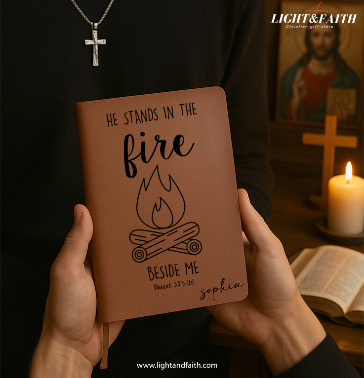 Personalized Christian Journal with “He Stands in the Fire” Quote, Custom Name Prayer & Faith Notebook, Religious Gift, First Communion Gifts, Birthday. NBLAF38